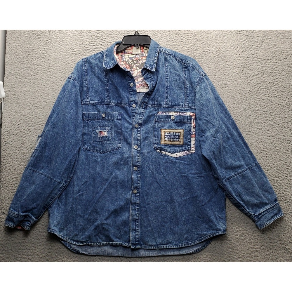 Vtg 90s Exhaust Button Up Shirt Mens L Blue Denim Distressed Grunge Streetwear